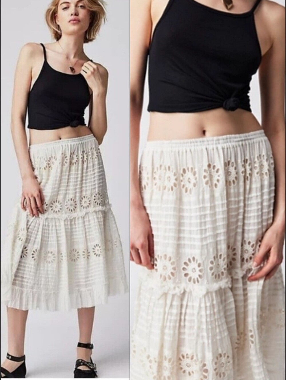 Free People FP ONE LORELAI Boho Cream Eyelet Tiered Midi Skirt NWT M